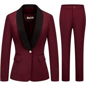 🆕Women's Red 2 Piece Business Suit Set One Button Solid Blazer Trouser Suit